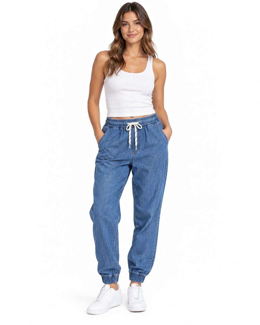 Levi's Women's M Blue Denim Jogger Pants Elastic Waist Drawstring Cuffed